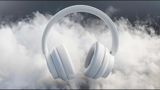 Headphones floating in the air illustrating the concept of weightlessness and ai-driven advertising in modern media. Floating Headphones in Fog &ndash; Animated Video Version