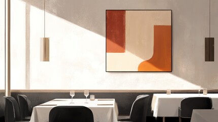 Modern restaurant interior with abstract art, sunlight, and empty tables