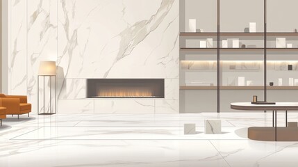 Modern marble lobby interior with fireplace and bookshelves. Possible use showcasing interior design