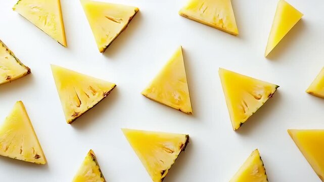 Bright yellow pineapple slices are arranged as a pattern on a white background.