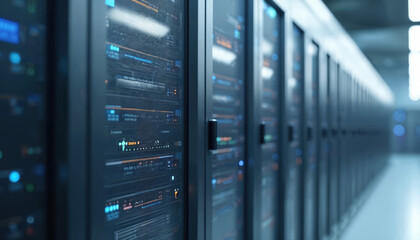 Data server room with rows of server racks in modern datacenter. High tech tech equipment with data processing and cloud storage. Internet digital information concept.
