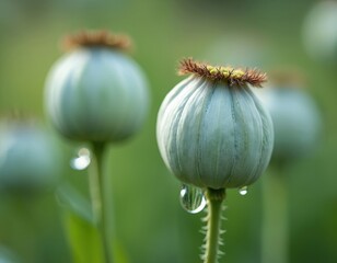 Close up of opium poppy heads with water drops. These green seed pods are from the Papaver somniferum plant. The poppy plant produces opium.