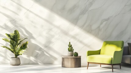 Modern living room with green chair, plants, and marble wall.  Possible use Interior design inspiration