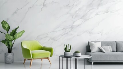 Modern living room with lime green armchair, gray sofa, and marble wall. Interior design, home decor