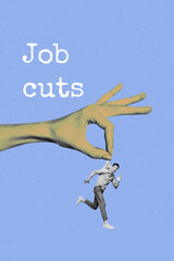 Composite zine 3d image pop trend collage of happy manager man hand control manipulation puppet...