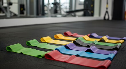 Colorful resistance bands sit on a textured gym floor in bright lighting. Perfect for fitness blog articles or product staging.