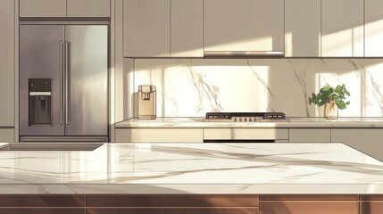 Sunny Kitchen Interior, Modern Design, Neutral Colors, Empty