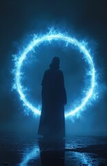Fototapeta premium Cloaked figure faces glowing blue energy portal, ethereal light emanates from mysterious cosmic vortex. Digital art, fantasy, sci fi theme, spiritual glow, power, mystique, bright.