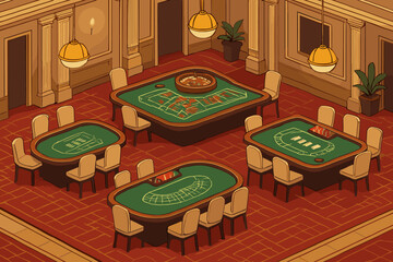 Luxurious illustration gaming casino interior arranged symmetrically roulette vector blackjack tables