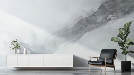 Interior room with cabinet, chair, and plant near wall with abstract design