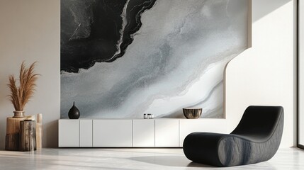 Room with black chair, white cabinet, dark gray wall pattern, and brown plant
