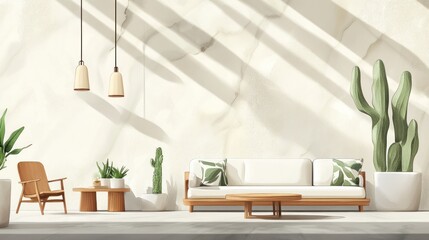 Modern living room with sunlight and plants; Interior design; Use stock photo