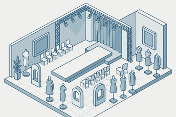 Naklejka premium Isometric fashion decorative stage vector runway stands mannequins illustration perspective exhibition