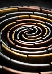 Metallic progression: A winding arrangement of gold, silver, and bronze blocks converging to center