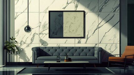 Modern living room with art and marble