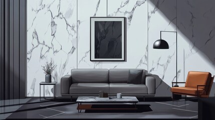 Modern living room with marble wall, sofa, and armchair.  Possible use Interior design, home decor