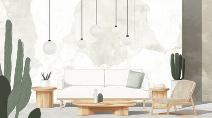 Minimalist Living Room Interior with Hanging Lights and Desert Plants