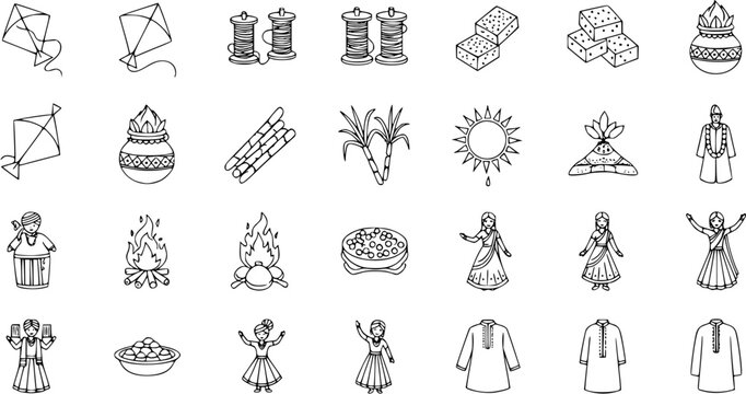 Indian Harvest Festival Icons Set. Makar Sankranti, Lohri, Pongal, Bihu traditional symbols: kites, sugarcane, bonfire, sun, sweets, and attire. Outline vector collection.