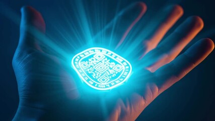 Glowing digital QR code chip on palm in futuristic lighting - Powered by Adobe