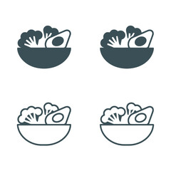 Healthy salad bowl icons with broccoli and avocado