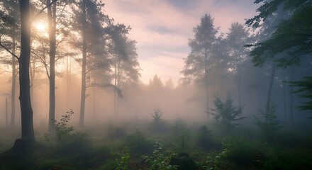 Ethereal woodland scenery at dawn with mist and sunrays permeating trees