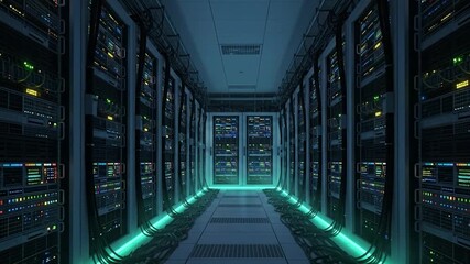 Blinking servers in a dimly lit server room for data storage and processing - Powered by Adobe
