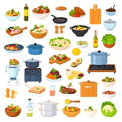 Colorful assortment of illustrated cooking equipment and various prepared dishes