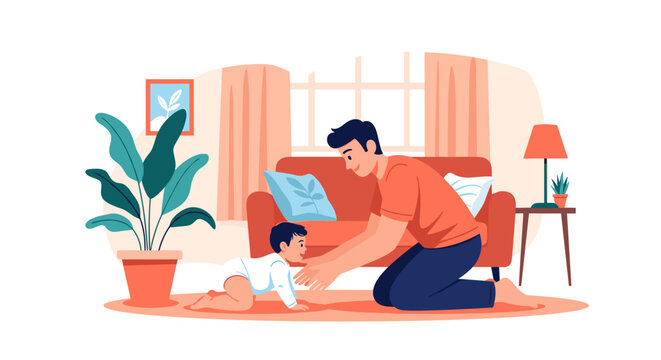 Father helping his baby child learn to crawl on the floor of their living room.