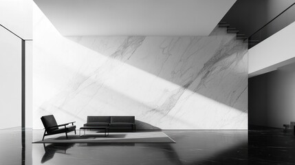 Minimalist room with sofa, armchair, marble wall and stairs for real estate marketing