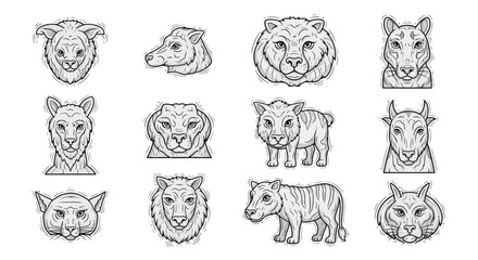An assortment of animal depictions with cartoonish designs and varying poses