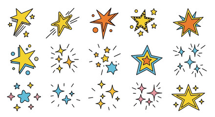 Assorted colorful cartoon stars in varied designs some with sparkles or comet trails