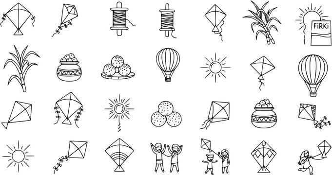 Makar Sankranti  Uttarayan Kite Festival Line Art Icons Set: Kites, Firki, Sugarcane, Sweets, Sun, Hot Air Balloons, and Children Playing
