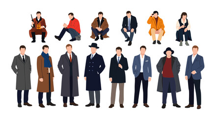 Collection of stylish men and women dressed in vintage autumn and winter fashion.