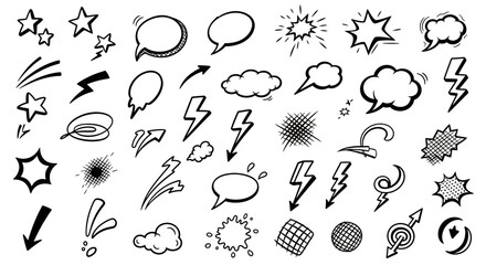 Assorted doodle style cartoon effects symbols arrows clouds and speech bubbles in black lines over a white background