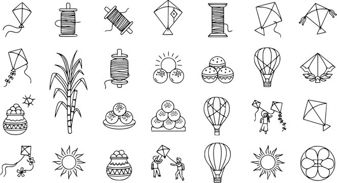 Makar Sankranti Festival Line Art Icons Set with Kites, Sweets, Sun, Sugarcane, and Thread Spools