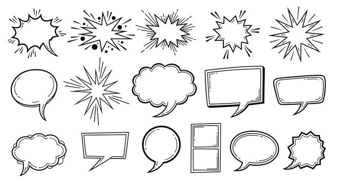 Black and white cartoon collection of speech bubble shapes text frames