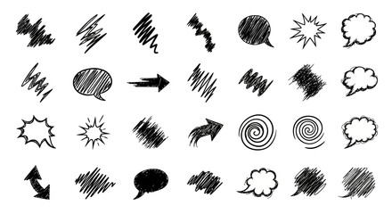 Black sketched scribbles speech bubbles arrows and spirals on a white background