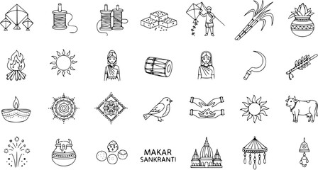 Makar Sankranti Festival Line Art Icons Set. Traditional Indian Harvest Celebration Symbols Collection with Kites, Sun, Sweets, and Sugarcane.