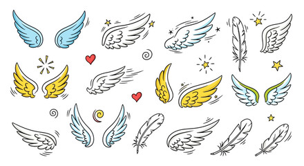 Cartoon angel wings and feathers arranged on white background