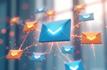 Illustration shows digital email marketing concept. Glowing envelopes connected with lines on blurred background. Email communication via network for business. Online advertising for successful