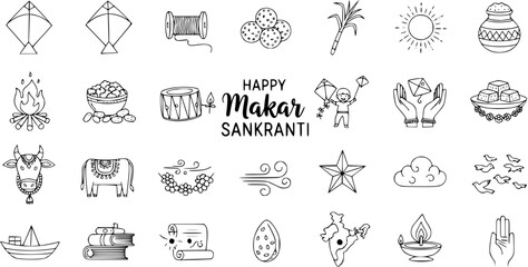 Happy Makar Sankranti Line Art Doodle Icons Set. Indian Harvest Festival symbols including kites, bonfire, sweets, sun, and cow for cultural celebration.