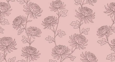 Fototapeta premium Delicate pink background with a repeating pattern of hand-drawn chrysanthemums and leaves.