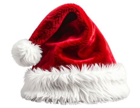 Realistic Red Santa Hat with White Fur Trim, Front View, isolated on transparent background