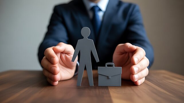 Businessman protects paper figure and briefcase on wooden table - Powered by Adobe