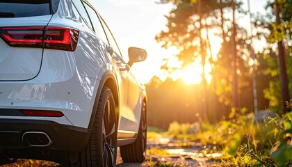 White SUV parked on a dirt road surrounded by dense green trees during a golden hour sunset with warm sunlight filtering through the foliage illuminating the forest floor and the vehicle's exterior.