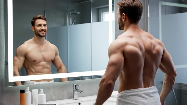 A muscular shirtless man with a strong physique looks at his reflection in a modern bathroom mirror checking his fitness progress and admiring his body.