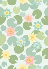 Pastel water lily pads and flowers in a seamless repeat pattern