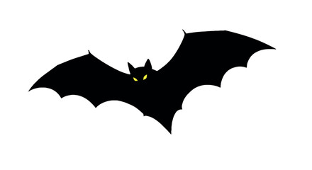 Silhouette of a black bat with glowing yellow eyes on a white background