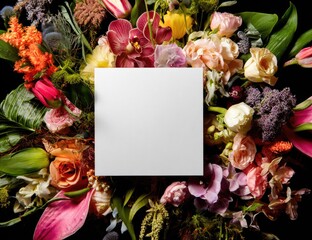 Lush floral arrangement surrounds a blank white square. Colorful blossoms & foliage on dark background
