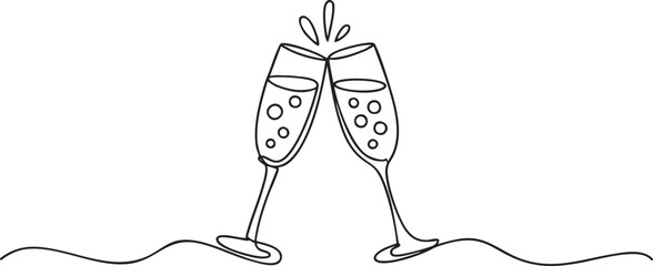 Continuous one line drawing of champagne glasses clinking symbolizing celebration, joy, and New Year party in minimalist festive art style